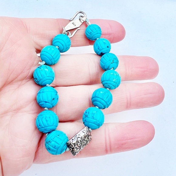 Natural Carved Turquoise Bracelet Handmade Sterling Silver 11th Anniversary - Picture 5 of 10